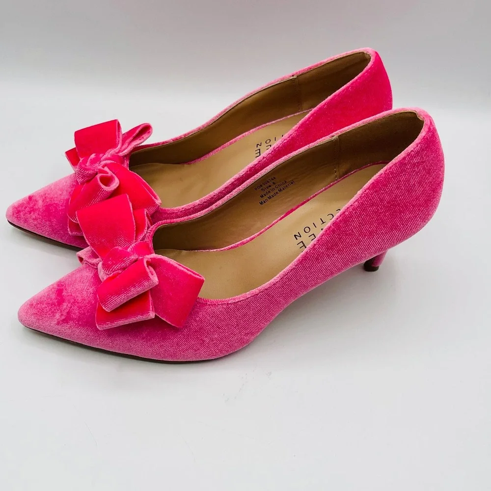Barbie core Pink Velvet Bow Pointed Toe Kitten Heel Pumps Womens Size 8